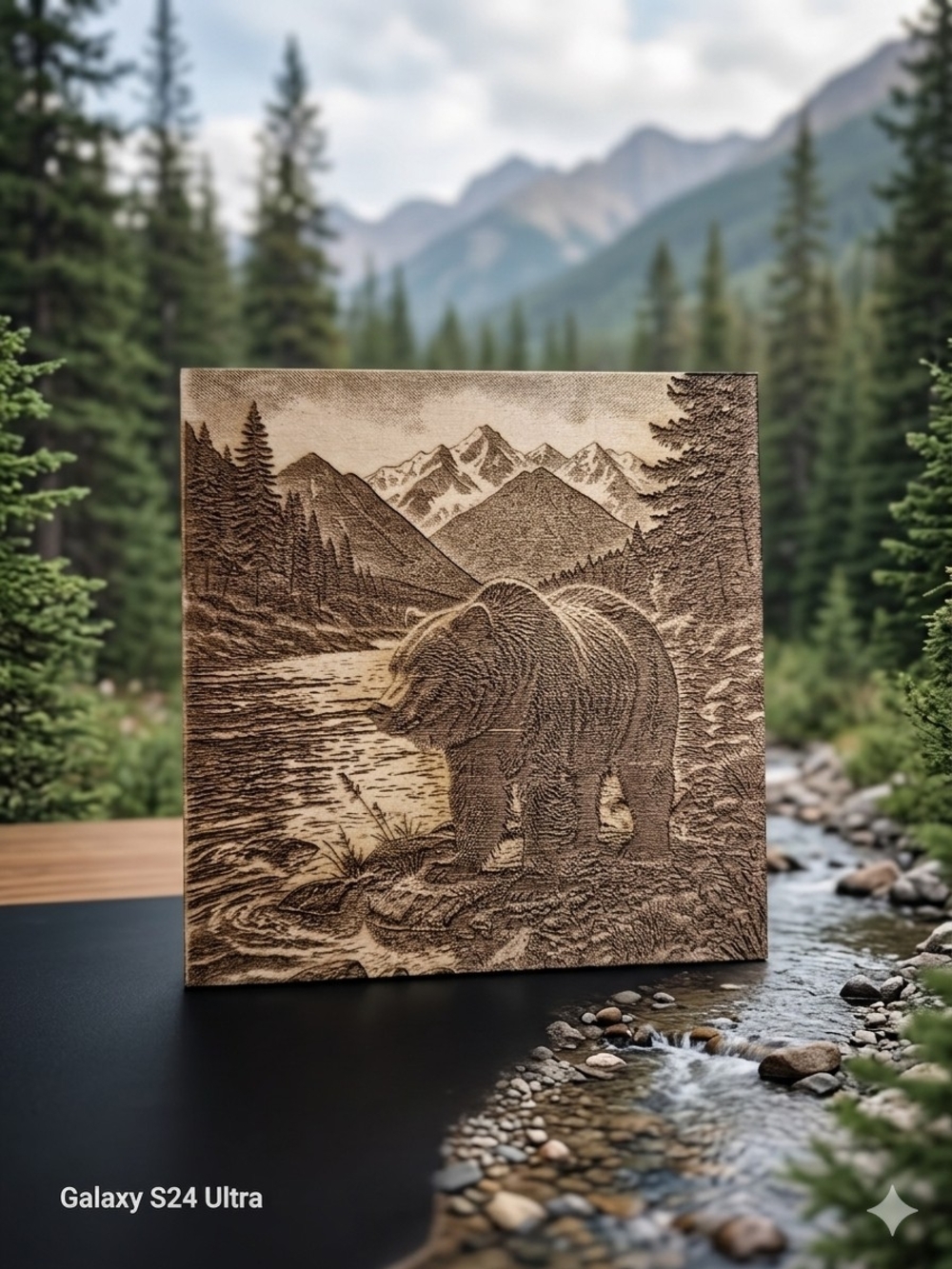 Wood Burned Bear Landscape Art Panel 4x4 inch